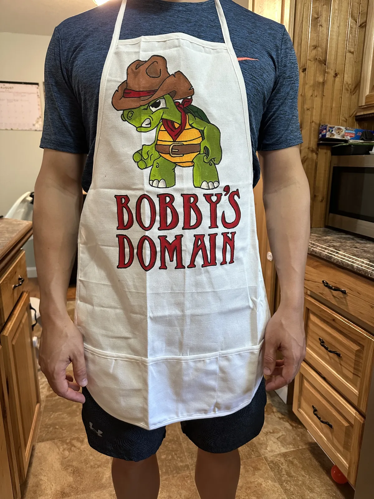 The finished apron being worn in a kitchen