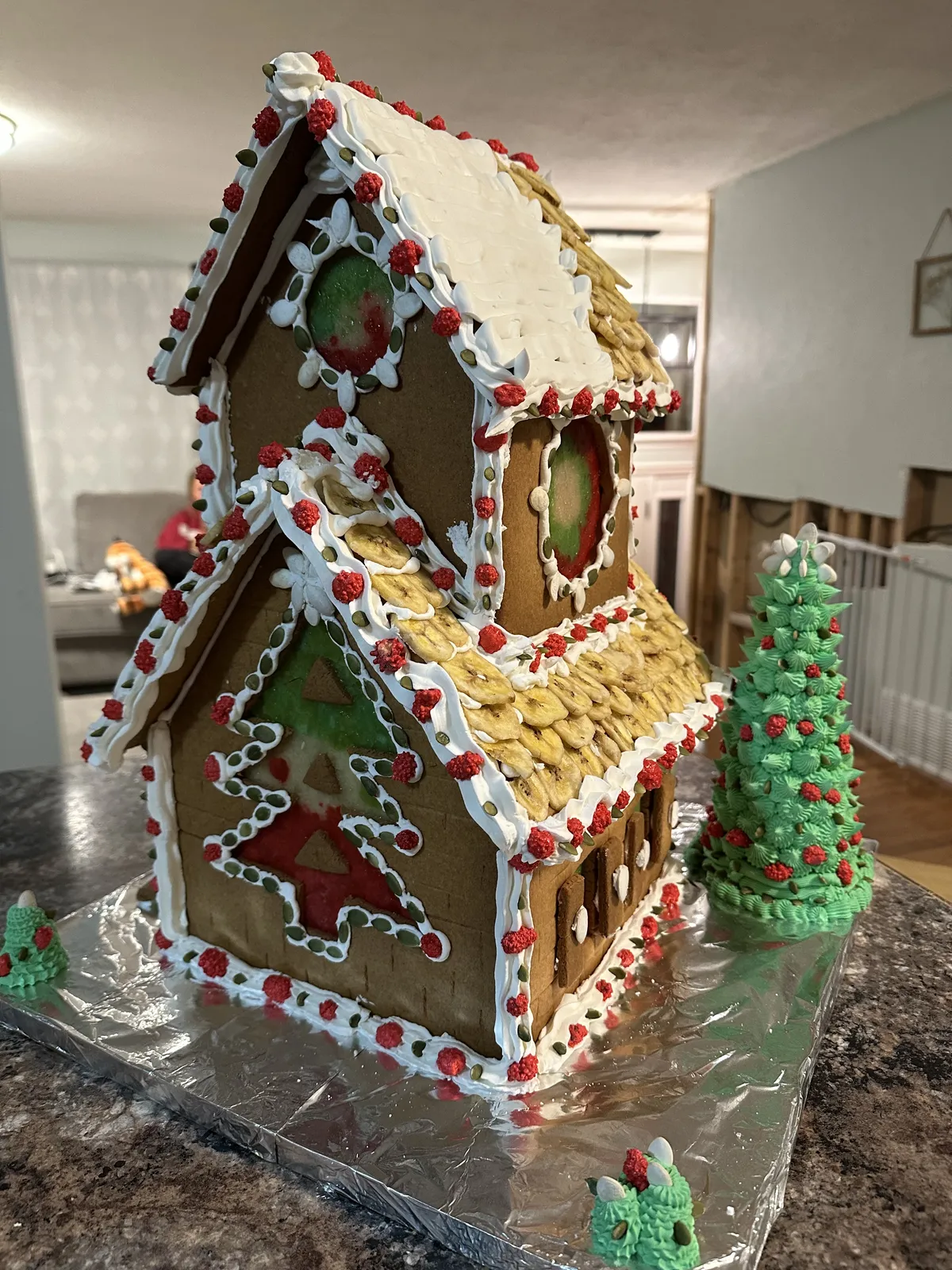 Side of the gingerbread house with banana-chip shingles