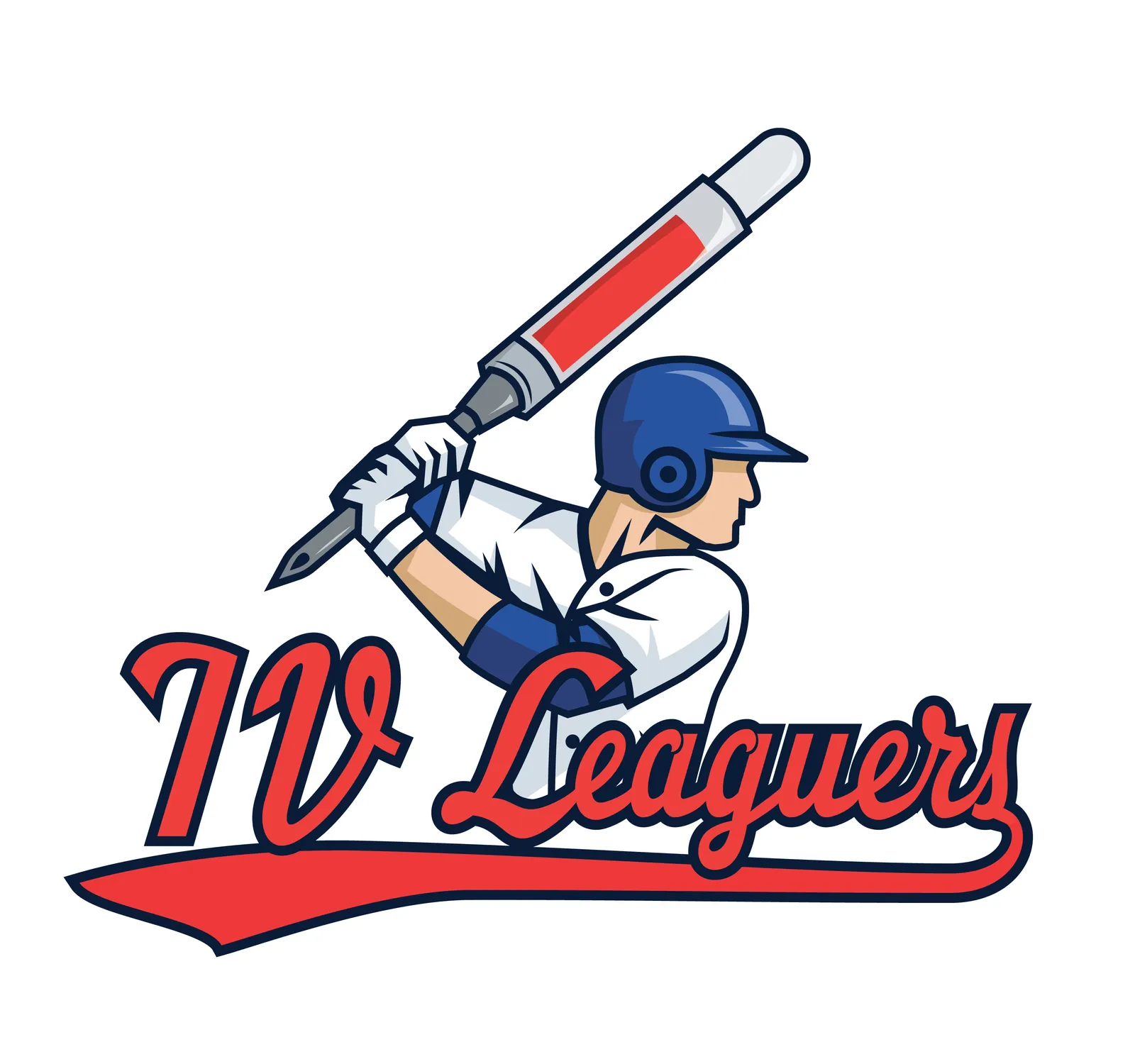 I.V. Leaguers logo: a batter swinging a giant fountain pen