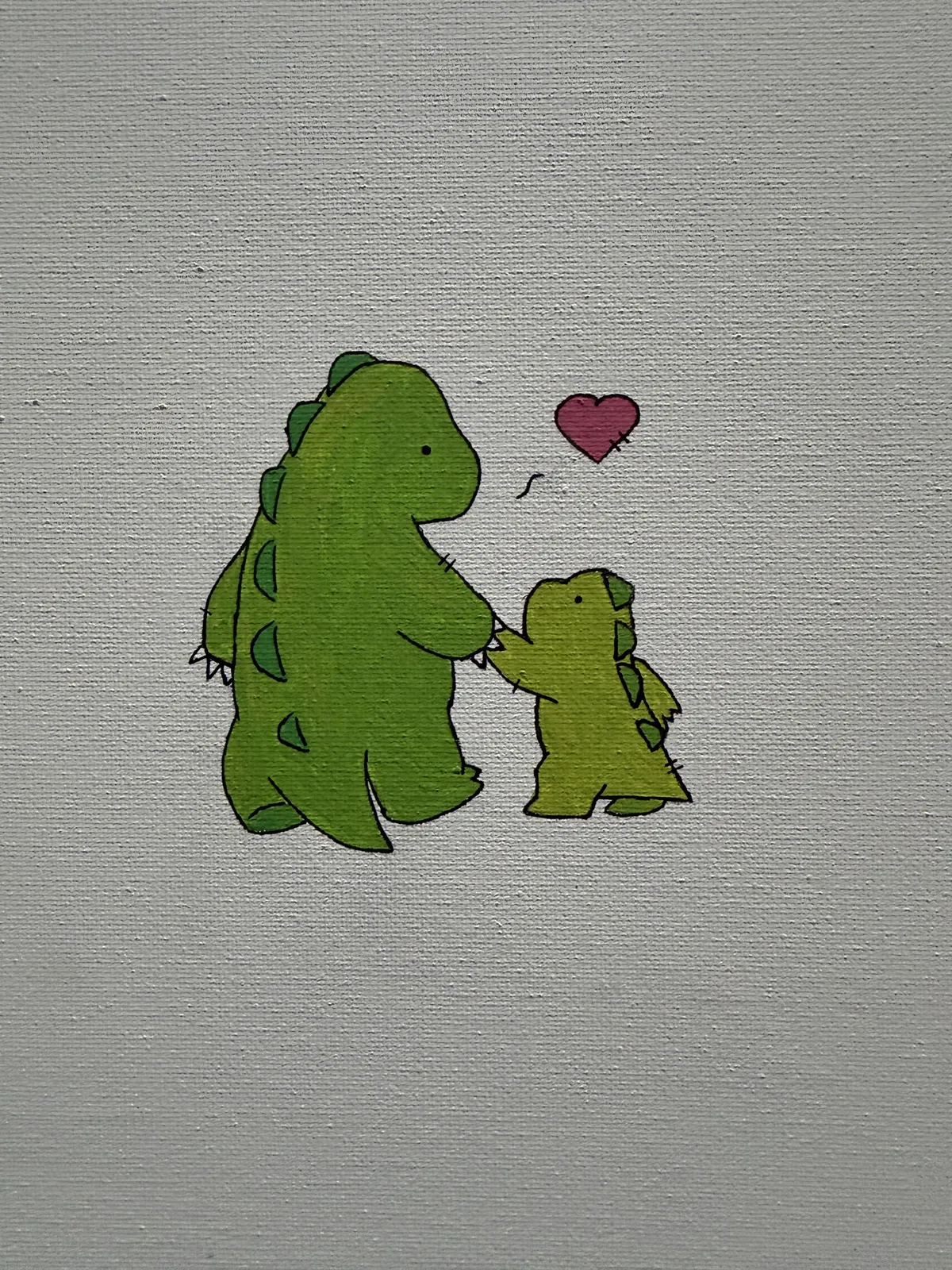 Painting of Rory the dinosaur holding hands with his dad