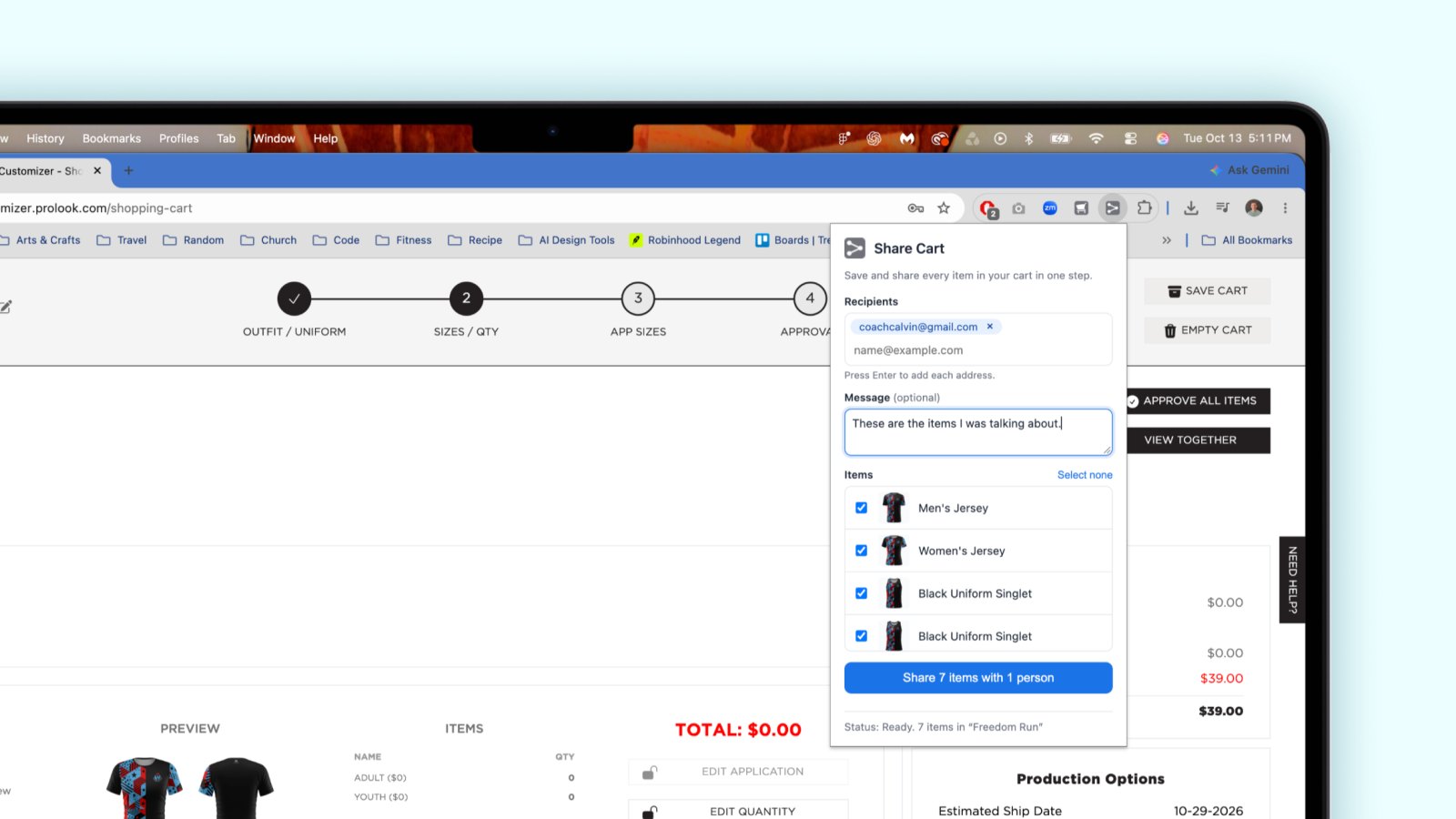 The Share Cart extension open over a cart